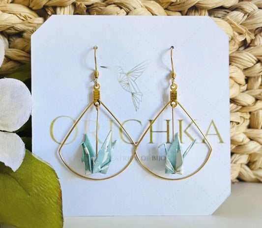 Boucles d'oreilles éventail doré et oiseau en origami japonais