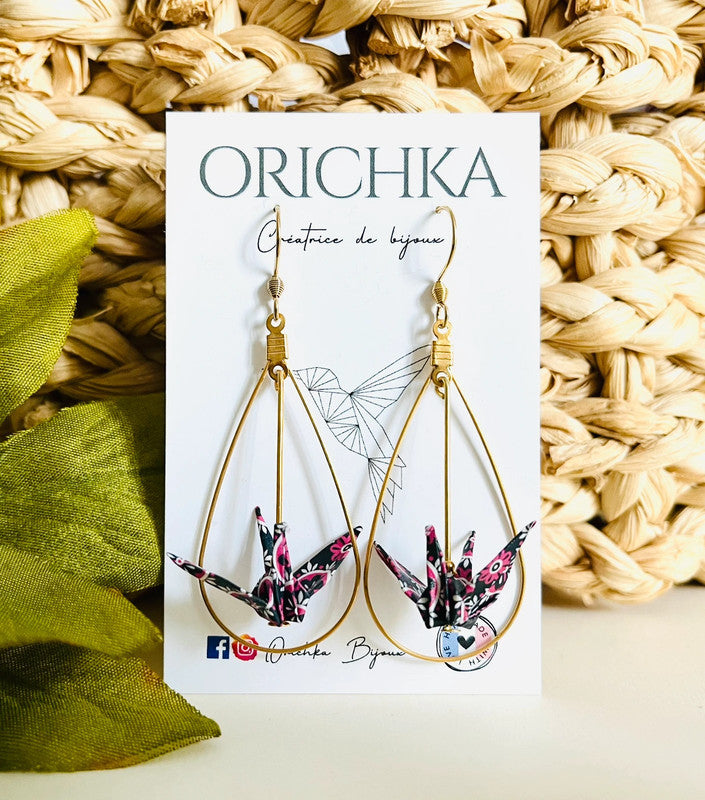 Boucles d'oreilles goutte d'eau dorée et oiseau en origami japonais