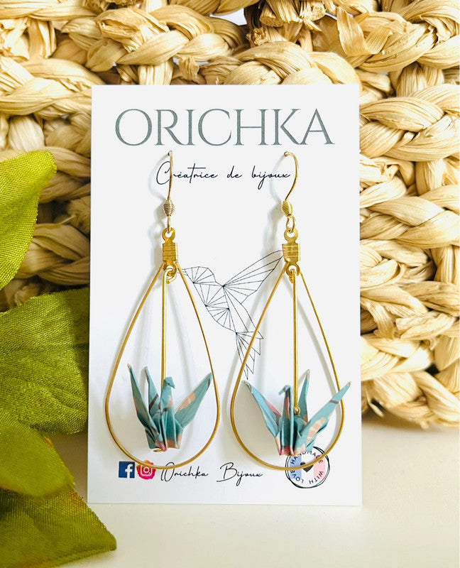 Boucles d'oreilles goutte d'eau dorée et oiseau en origami japonais