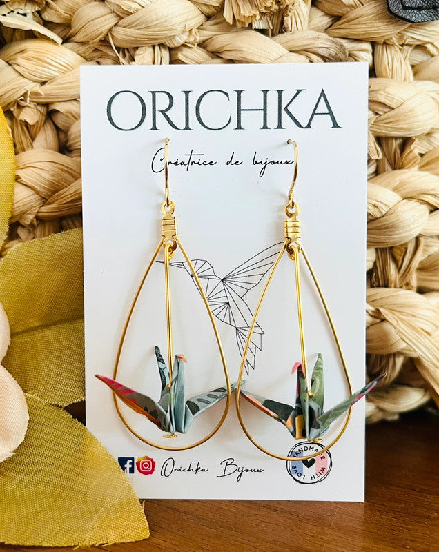 Boucles d'oreilles goutte d'eau dorée et oiseau en origami japonais