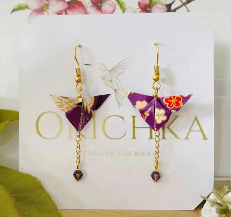 Boucles d’oreilles papillon origami japonais sur chaîne et perle