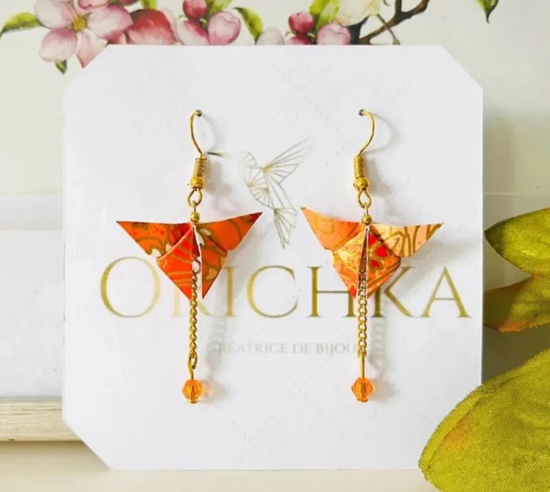 Boucles d’oreilles papillon origami japonais sur chaîne et perle